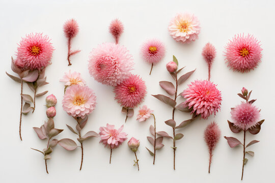 group of pink flowers arranged in a symmetrical pattern on a white background, Generative Ai
