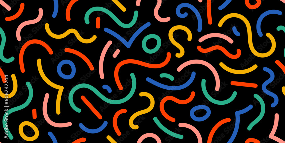 Poster Colorful doodle seamless pattern. Abstract squiggle repeating background. Simple scribbles and shapes wallpaper. Textile or fabric print design swatch. Vector backdrop.