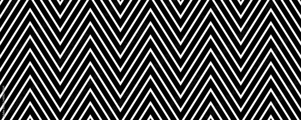 Poster Zig zag seamless pattern. Black and white chevron ornament background. Repeating herringbone motif texture with diagonal lines. Textile design template swatch. Vector backdrop