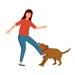 Aggressive dog biting girl in flat design on white background.