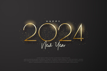 Fototapeta na wymiar New year design 2024. With shiny thin golden numerals, red background with glow. Premium vector design for greeting and celebration of happy new year 2024.