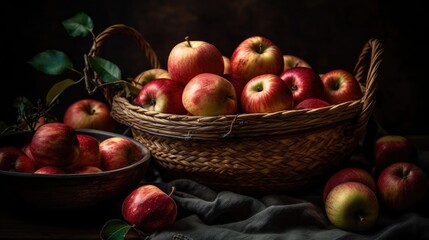 a bunch of fresh apples in a basket with perfect viewing angle