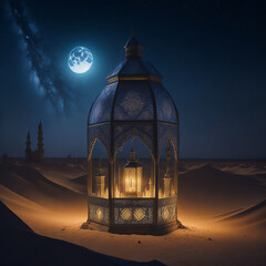 Islamic Lantern Glow, Desert Background Ai Generated