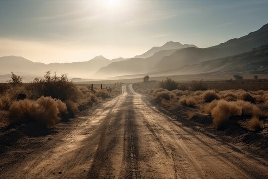 The road goes through the desert and goes to the mountains. Generative AI.
