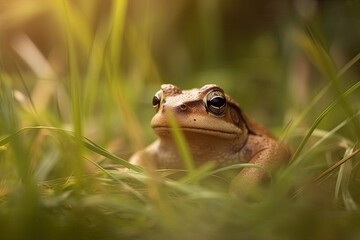 Obraz premium curious frog sitting in the green grass and staring directly at the viewer Generative AI