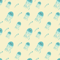 Seamless pattern with cute jellyfish and bubbles. Pattern with sea elements for kids clothes, kids design. Cover for note, book. Vector illustration for textile, cloth, fabric.