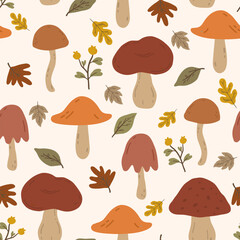 Naklejka premium Seamless pattern with autumn leaves and mushrooms. Repeatable background with fall mushrooms, berries and foliage. Flat vector illustration.