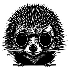 Hedgehog in sunglasses. Logo vector illustration. Drawing for a tattoo. White background. Summertime
