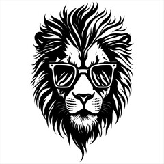 Lion in sunglasses. Logo vector illustration. Drawing for a tattoo. White background. Summertime
