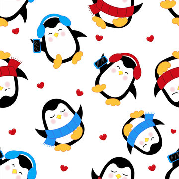 Seamless penguin pattern. Cute dancing penguin listening to music with blue headphones and  penguin in a blue scarf.  Vector illustration. Kawaii style.