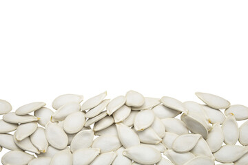 Pumpkin seeds laid out at the bottom isolated on a transparent background. Top space for text.