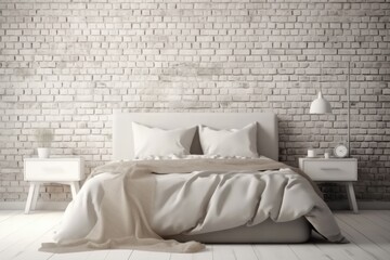 modern bedroom with a brick accent wall and minimalist white furniture Generative AI