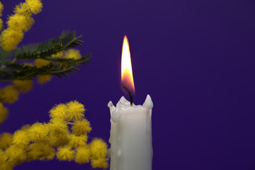 Candle flame and yellow mimosa flowers over blue