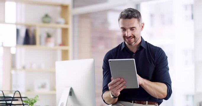 Business man, tablet and office with logo design and planning for tech company. Employee, technology and social media scroll of a worker in a online startup workspace for graphic designer project