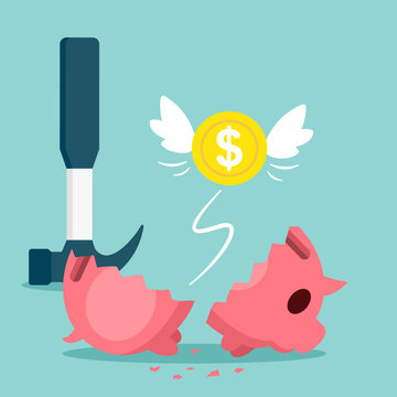 Broken Piggy Bank And No Savings Money. No Deposit And Investment. Need Money For The Emergency Concept. Vector Illustration Cartoon Flat Design For Banner, Poster, And Background.