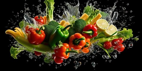 Vegetables with Water Splash on Dark Background, Diet Food for Nutrition and Digestion. Generative Ai