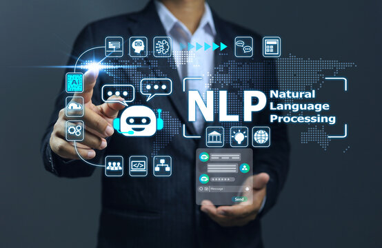Businessman work on virtual NLP or natural language processing interfaces to communicate with machines through applications and partners around the world.