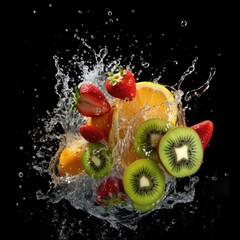 Fototapeta na wymiar Various Fruit with Water Splash on Dark Background, Healthy fruits Rich in Vitamins. Generative Ai