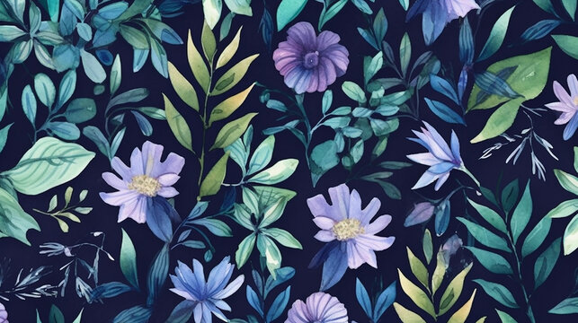 watercolor floral and leaves seamless pattern.
