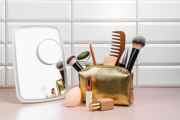 Morning routine. Golden cosmetic bag on the table. Morning pills. Mirror, comb, foundation, makeup brushes, face massage oil, massage roller.