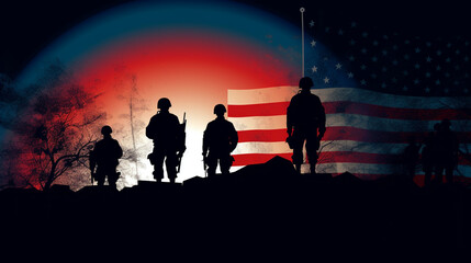 Fototapeta premium American Military Soldier on Retro Flag Background - Patriotic Theme for Memorial Day, Veterans Day, or 4th of July - Generative AI
