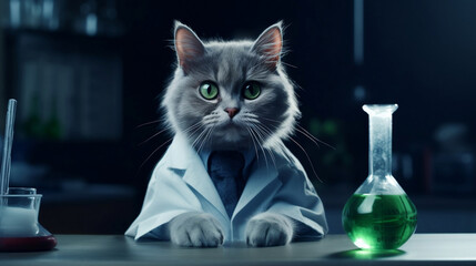 A gray scientist cat wearing a lab coat, next to test tubes in a laboratory. .Generative AI