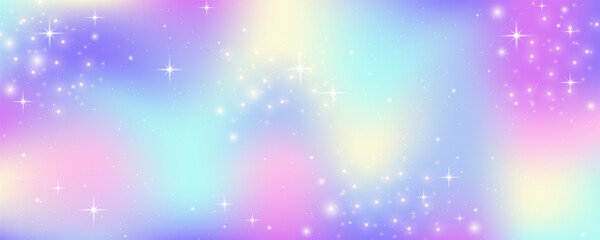 Pink unicorn sky with stars. Cute purple pastel background. Fantasy dreaming galaxy and magic wavy space with fairy light. Vector illustration