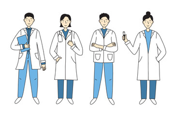 Medical doctor doodle line character set. Doctor team. Medical staff doctor and nurse group. Vector illustration isolated.