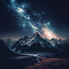 Fototapeta na wymiar Milky way over the mountains. Stunning photorealistic landscape illustration, generative Artificial Intelligence
