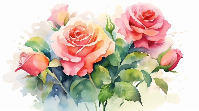 watercolor floral roses flowers with pink and green. 
