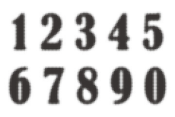 Halftone numbers. Grunge font with pixel pattern. Typography numerals set with abstract dotted effect. Vector pop art design elements.