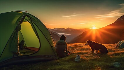 a man and dog are camping in a tent at sunset Generative AI