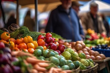 A vibrant summer farmers market brimming with a colorful array of fresh fruits and vegetables in closeup, showcasing the season's bounty, generative ai