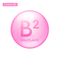 Vitamin B2 (Riboflavin) pink icon 3D. Essential multivitamin supplement. Beauty nutrition skincare. Pill capsule vitamins complex. For cosmetic product design. Medical concept. Vector.
