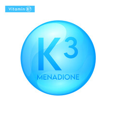 Vitamin K3 (Menadione) blue icon 3D. Essential multivitamin supplement. Beauty nutrition skincare. Pill capsule vitamins complex. For cosmetic product design. Medical concept. Vector.