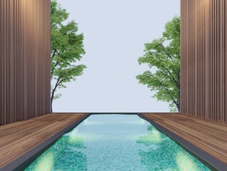 3d rendering of outdoor swimming pool with dark wooden slats covering private corners Look out to see the view of the big tree and the sky view.