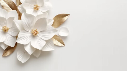 White gold flowers and leaves on white linen texture.