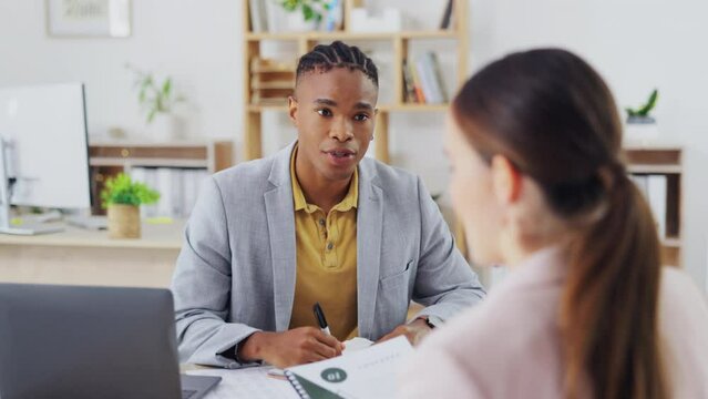 Business people, black man and woman in an interview, meeting and conversation with recruitment, human resources and talking. Manager, female person or male employee with paperwork and hiring process