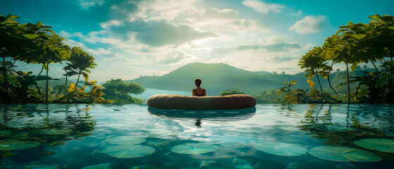 A person tubing in a pool at a luxury tropical resort hotel. A lovely summer vacation to enjoy nature and the scenery. (generative AI)