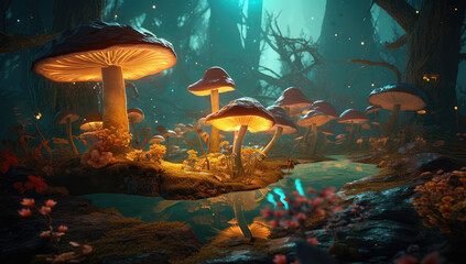 Fototapeta na wymiar a mushroom forest with some colorful mushrooms, generative AI