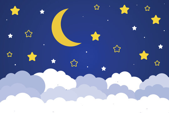 Crescent moon and stars with clouds on a dark background of the night sky. Paper art. Night scene background.