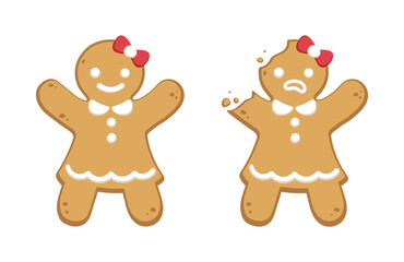 Cartoon gingerbread girl cookies whole and with head bite. Funny Christmas cookie vector illustration.