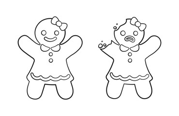 Cartoon gingerbread girl cookies whole and with head bite. Funny Christmas cookie vector illustration. Coloring book page activity for kids.
