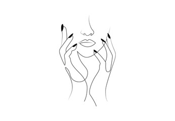 One line drawing abstract woman face with hands vector illustration. Stylized female face Modern single line art. Woman beauty fashion concept, minimalistic style. Design for logo, poster. Pro vector.