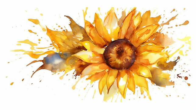 Watercolor sunflower golden alcohol ink on white isolated.