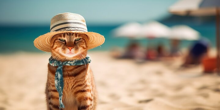cat wearing a beach hat and a pair of sunglasses, walking on the beach