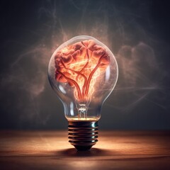 Light bulbs with human brain inside and lightning outside, Creativity and innovation inspiration, Business Bright idea concept, AI generated.