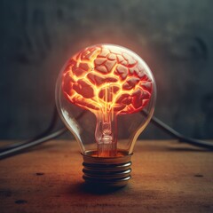 Glowing human brain with left and right cerebral inside the electric light bulb, Brainstorming, Creative Idea concept, AI generated.