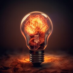Brain inside the light bulb, human brain with left and right cerebral inside the electric light bulb, AI generated.