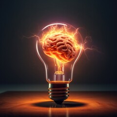 Brain inside the light bulb, human brain with left and right cerebral inside the electric light bulb, AI generated.